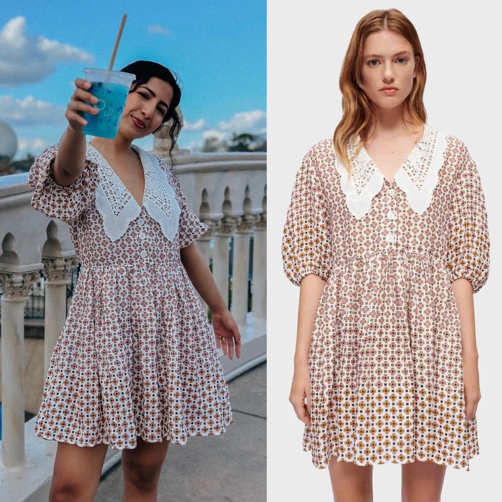 MAJE Lace Collar Tile Print Linen Puff Sleeve Cottagecore 70s Babydoll Dress‎ 6 - Picture 7 of 16